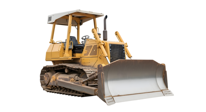 Yellow Bulldozer Heavy Construction Equipment with Large Metal Blade on Tracks