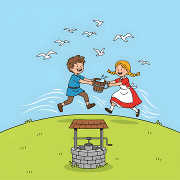 Cheerful vector of Jack and Jill holding a water bucket near a well. A classic nursery rhyme moment for storybooks and educational visuals.