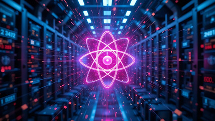 Neon Pink Atom Structure Glowing in the Center of a Futuristic Server Room Aisle with Blue Data Stream Trails, Ideal for Quantum Computing and IT Infrastructure