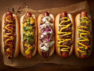 Top view of five gourmet hot dogs with assorted toppings including sausages, ground meat, vegetables, jalape&ntilde;os, onions, mustard, ketchup, and various sauces. Served on a dark wooden background.