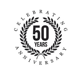 A 50th anniversary celebration emblem with laurel wreath design. Elegant black typography highlights the milestone. Perfect for corporate or personal anniversaries.