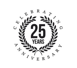 A 25th anniversary celebration emblem with laurel wreath design. Elegant black typography highlights the milestone. Perfect for corporate or personal anniversaries.