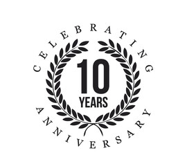 A 10th anniversary celebration emblem with laurel wreath design. Elegant black typography highlights the milestone. Perfect for corporate or personal anniversaries.