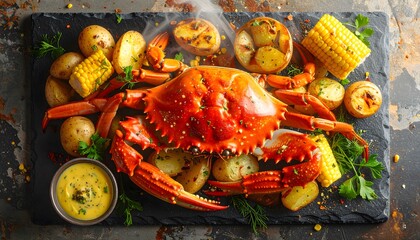 Gourmet cooked crab served on a black stone plate with roasted potatoes, corn on the cob, and melted butter sauce.