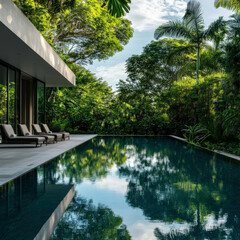 A large pool with a lush green forest in the background. The pool is surrounded by lounge chairs and a bench