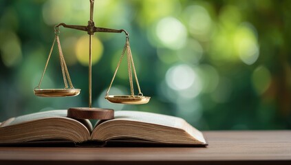 Scales of justice on open book symbolizing law legal system concepts