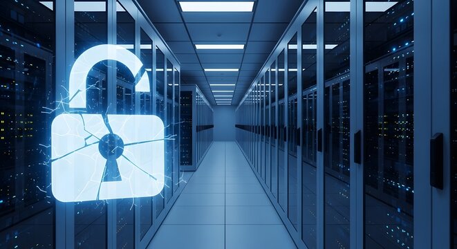 Cybersecurity vulnerability concept showing a broken digital lock in a server room, representing a data breach and network compromise