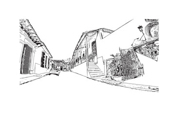 Print Building view with landmark of Kosice city. Hand drawn sketch illustration in vector.