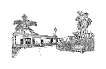 Print Building view with landmark of Kosice city. Hand drawn sketch illustration in vector.