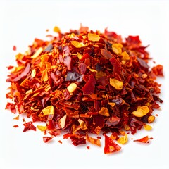 Pile of crushed red chili pepper flakes on a pristine white backdrop image