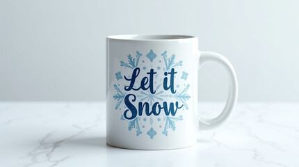 A pristine white mug isolated on white background, embellished with a charming let it snow design, captures the festive spirit of the winter season and the joy of a snowy day