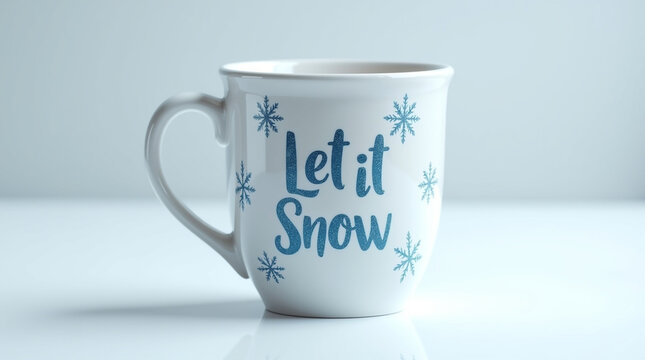 A white mug with the words let it snow and snowflakes isolated on white background, creating a festive and eyecatching display, perfect for winter holiday season and seasonal promotions
