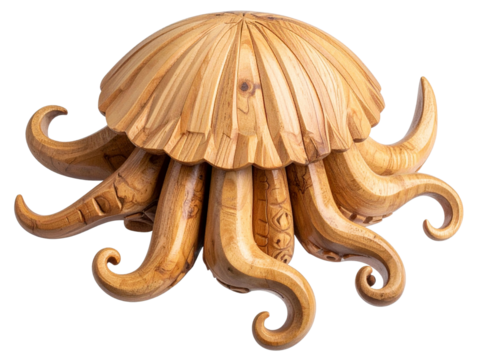 Whimsical Wooden Jellyfish Sculpture with Carved Tentacles, Top-Down View, Isolated on Transparent Background