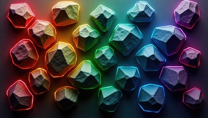 Scattered collection of faceted rock formations with a textured appearance, presented with a dark backdrop and a vibrant, multicolored neon outline surrounding each individual piece.