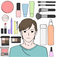 男性と化粧品のイラストセット