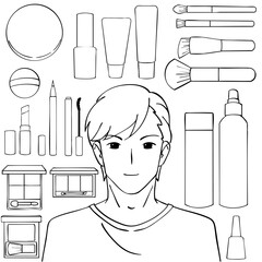 男性と化粧品の白黒イラストセット
