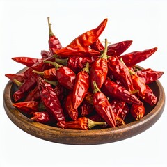 Pile of vibrant red chili peppers in a wooden bowl against a white background
