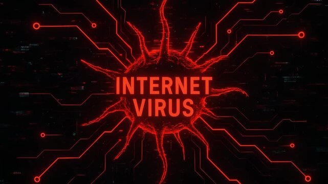 A conceptual illustration of an internet virus visualized as a red organism radiating from digital circuits.
