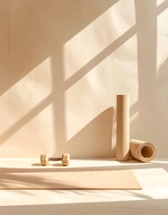 Beige yoga studio scene with sunbeams