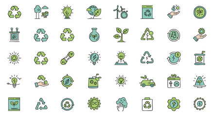 Comprehensive collection of vector icons showcasing environmental sustainability, green energy, recycling, and nature conservation themes for eco-conscious designs