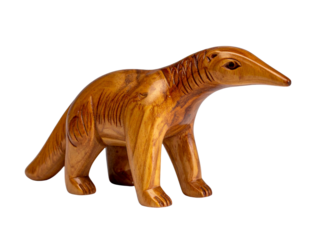 Hand-Carved Small Wooden Anteater Figurine with Smooth Finish, Side View, Isolated on