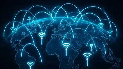 A digital representation of global connectivity through wireless networks, illustrating communication and data exchange. - Powered by Adobe