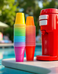 Colorful Plastic Cups and Red Slushie Machine by the Poolside.
