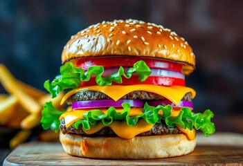 Juicy burger with sesame seed bun, lettuce, tomato, onion, and cheese,  retro,  clipart