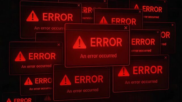 A collection of digital error messages displayed on screens in red, symbolizing technical issues and digital difficulties.