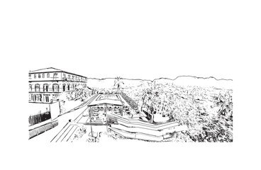Print Building view with landmark of Kosice city. Hand drawn sketch illustration in vector.