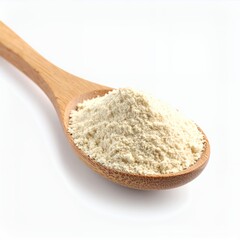 Wooden spoon filled with light colored fine powder on a pristine white backdrop