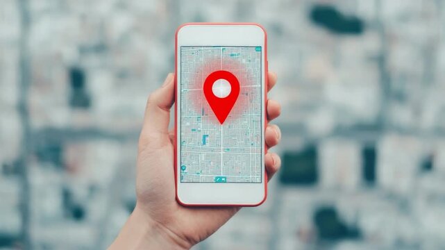 Hand Holding Smartphone with Map and Location Pin on Urban Background Showing Modern Navigation Concept 4k video footage