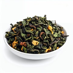 Artistic still life of vibrant loose leaf tea blend displayed against a pristine white backdrop