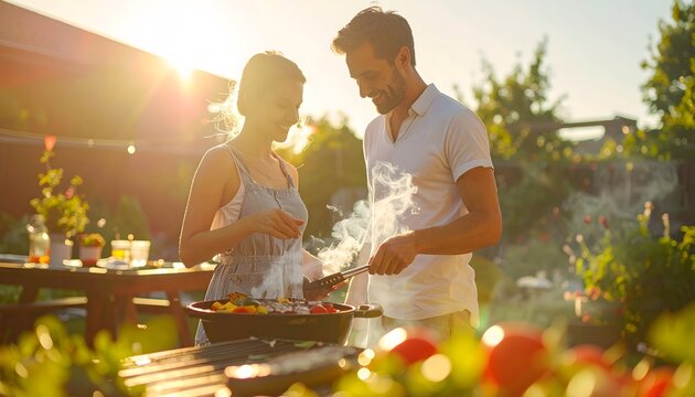 Happy couple grilling and cooking vegetables on a barbecue outdoors in a sunny garden during a summer or weekend party.