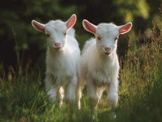 Obraz premium Two adorable white goats standing together in grassy field