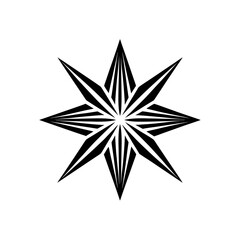 Black and white starburst pattern with eight points and striped design radiating from the center point