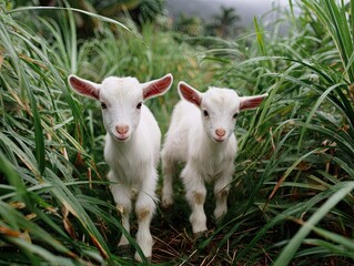 Fototapeta premium Two adorable white goats standing in lush green vegetation