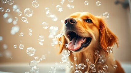 Playful golden retriever surrounded by soap bubbles in warm lighting, capturing joyful moments.