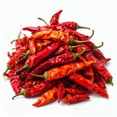 Pile of vibrant red chili peppers set against a pristine white background, showcasing heat