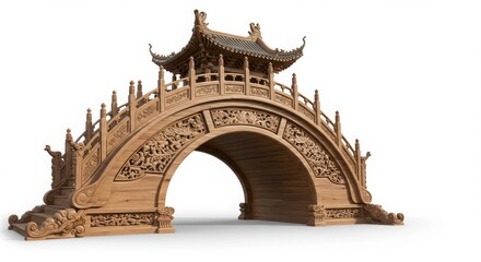 Obraz premium Low-angle perspective of an ornate Chinese wooden arch bridge in watercolor hyper realistic style isolated on white background