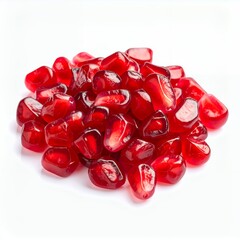Pile of vibrant pomegranate seeds on a bright white studio background
