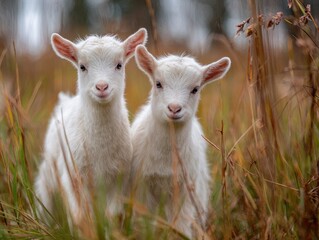 Obraz premium Two young goats in field smiling with soft focus and warm lighting