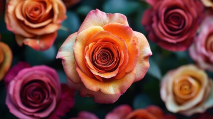 Obraz premium Close-up of multicolored roses with vibrant petals in a lush garden setting demonstrating natural beauty and floral elegance with detailed textures