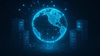 Futuristic digital globe with servers and network connections, symbolizing global data exchange and connectivity in the tech world. - Powered by Adobe