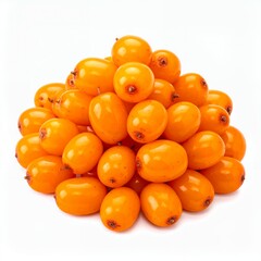 Pile of vibrant sea buckthorn berries creating a colorful cascade isolated on white background