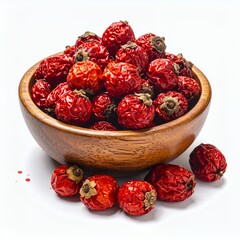 Crimson Berry Abundance: Wooden Bowl Display against Clean White Backdrop