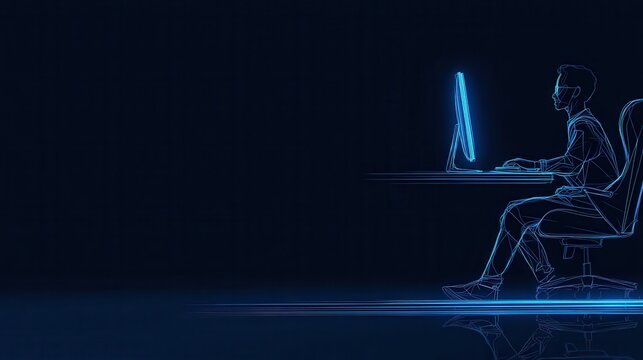 Futuristic programmer silhouette with neon computer screen