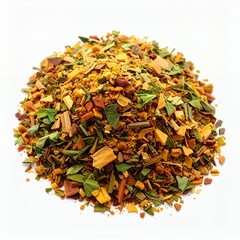 Aromatic medley of dried herbs and spices forming an appetizing mound on a white backdrop