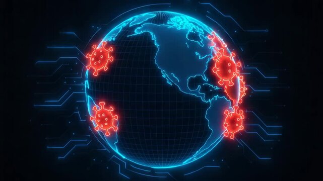 Digital representation of a global pandemic, featuring a glowing Earth and virus icons, symbolizing health challenges worldwide. - Powered by Adobe