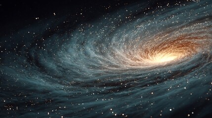 A breathtaking cosmic spiral with a luminous golden core and swirling arms of stars and nebulae.